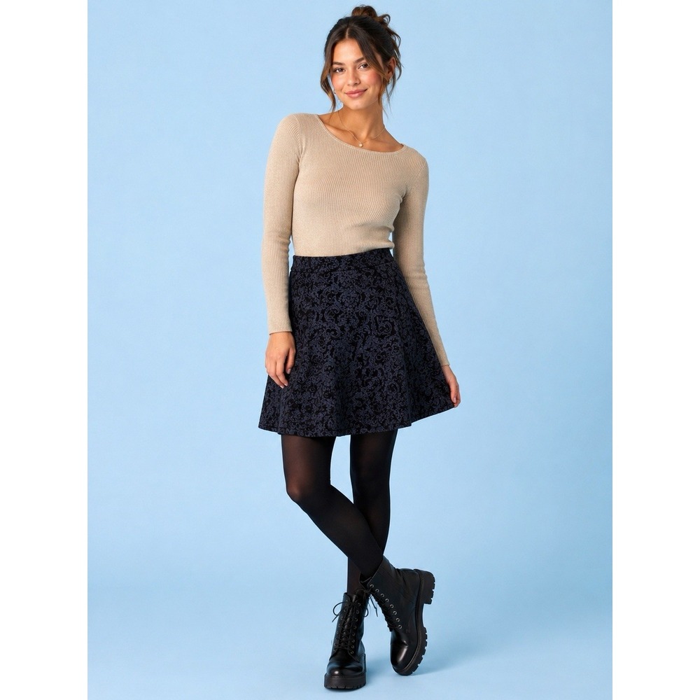 Maeve Anthropology Woman's Med Black/Blue Paisley Damask Floral Jacquard Skirt